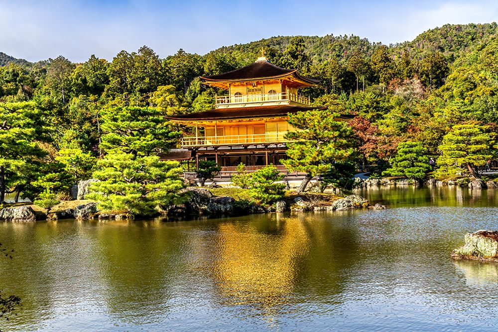 Colorful water reflection, Kinkaku-Ji (Rokuon-Ji) golden pavilion, Kyoto, Japan. Dates to 1397.